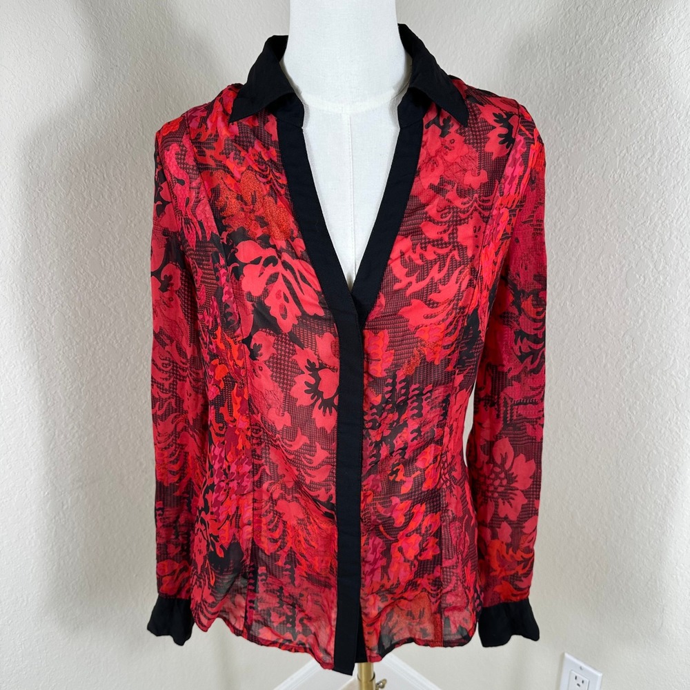 VTG Cache Button Down Top Women M Red‎ Black Floral Sheer Whimsigoth Blouse